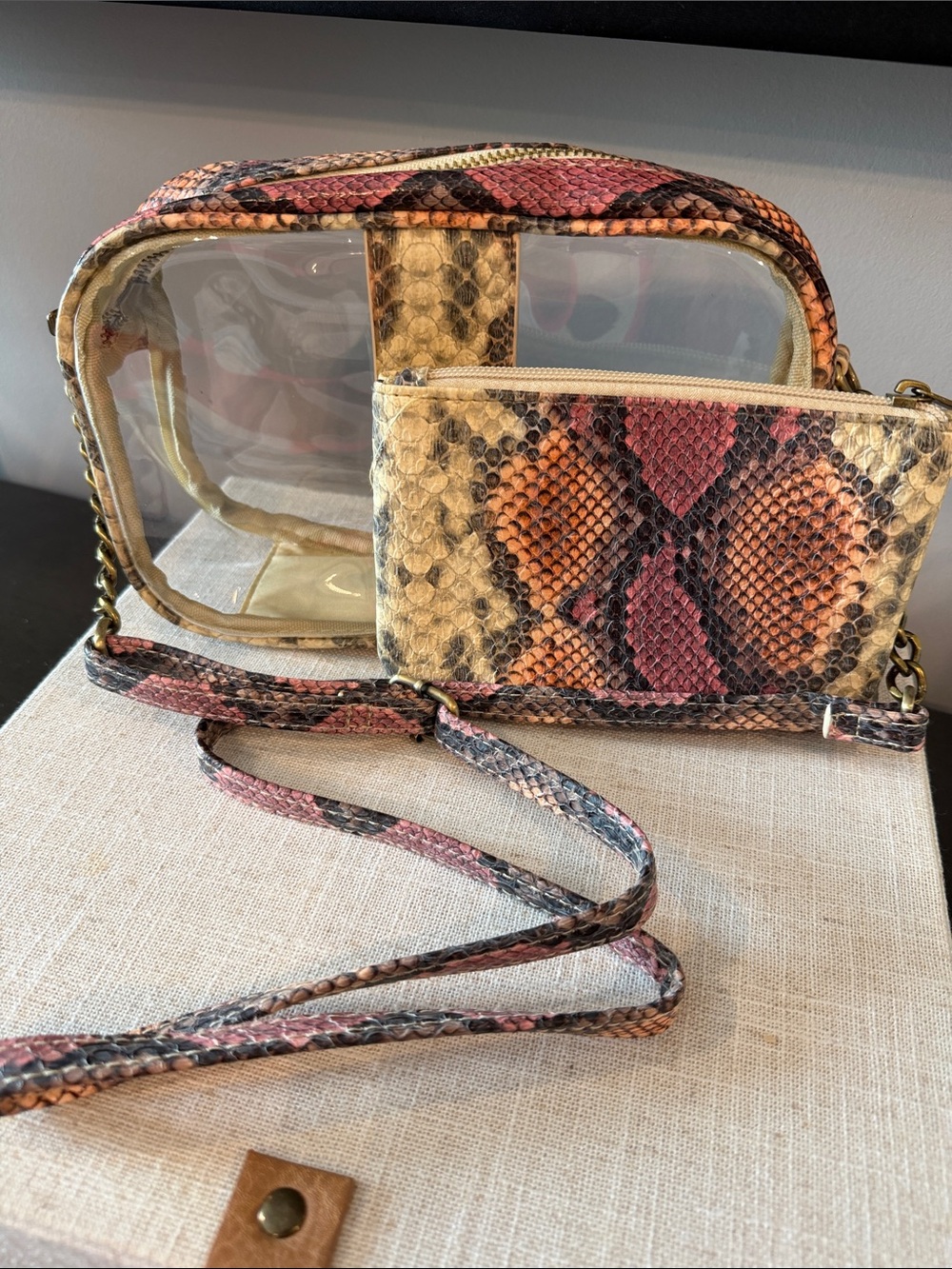 Clear Crossbody Bag with Pink Tan Snake-Print Pouch